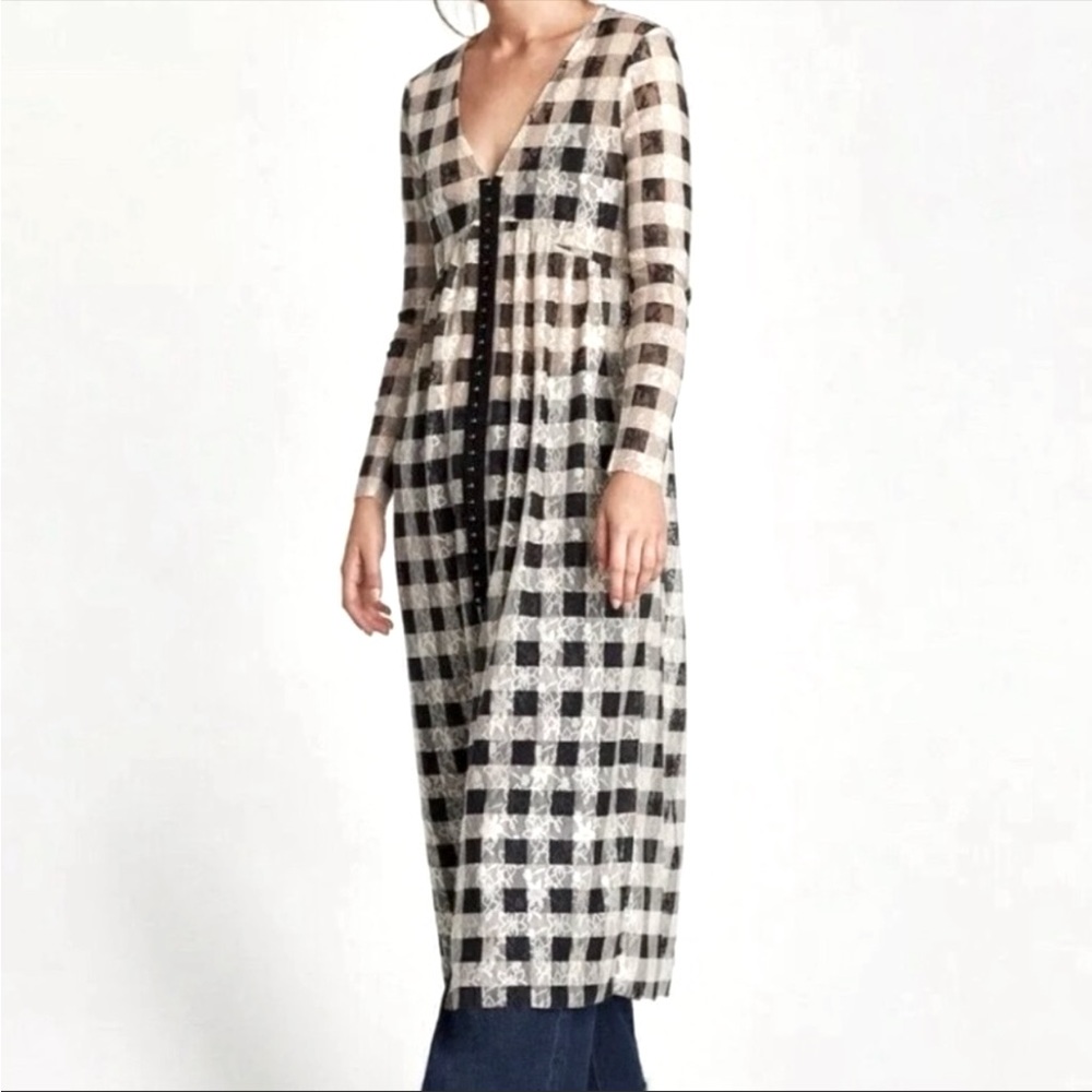 Zara Duster Cardigan Longline Black Cream Checkered Plaid Long Sleeve Size XS